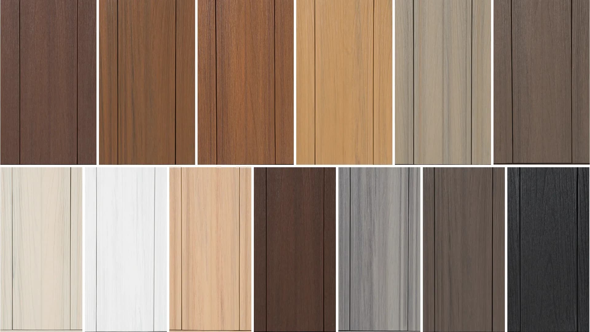 The 13 WPC deck colors as vertical boards: the 6 stock colors on top (IPE, Teka, Incienso, Chesnut, Antique and Mocha) and the 7 made-to-order colors below (Sand, Off-white, Maple, Mahogany, Ash Gray, Dark Gray and Obsidiana)