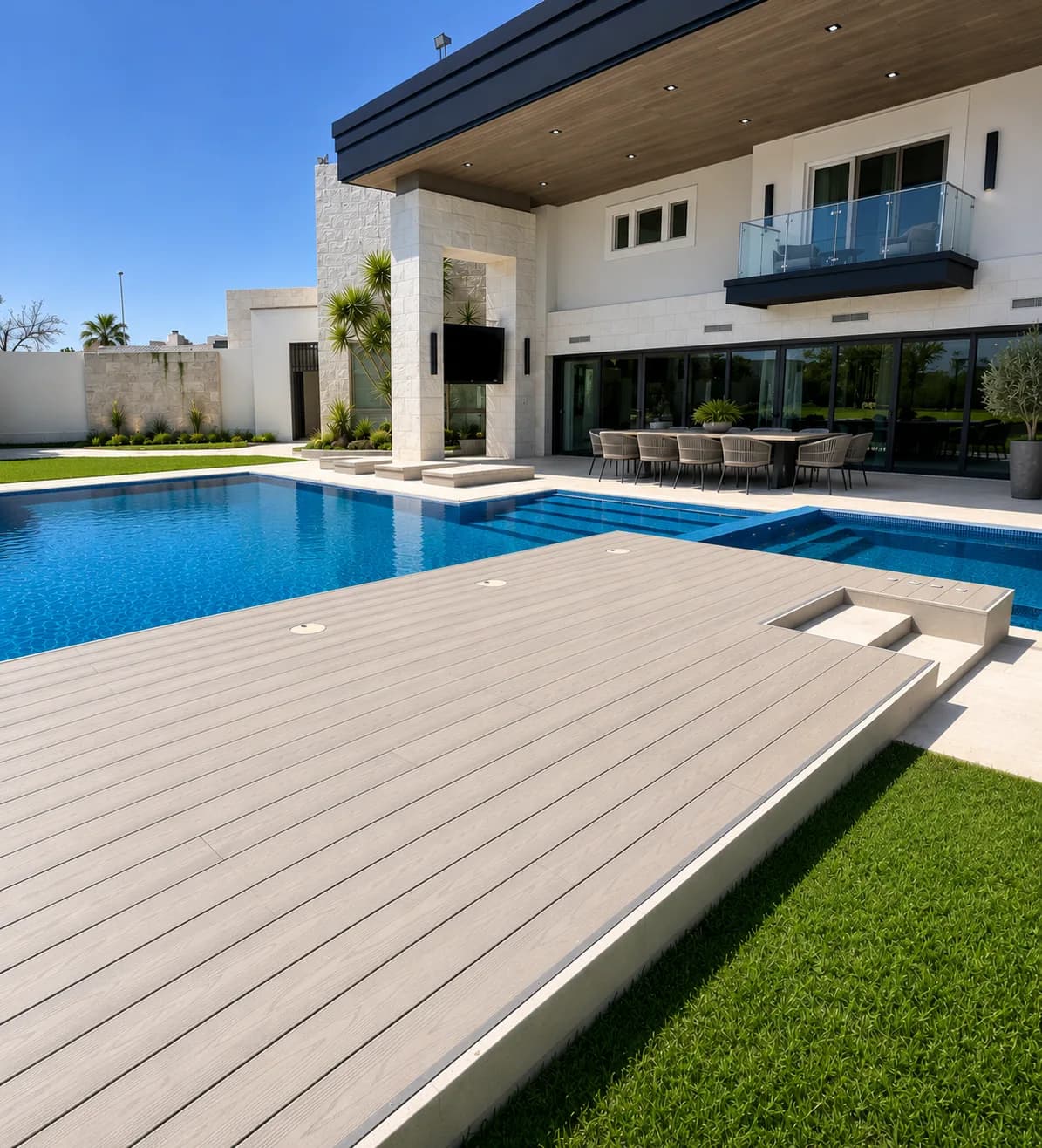 Deck WPC gris alrededor de la alberca de una casa moderna