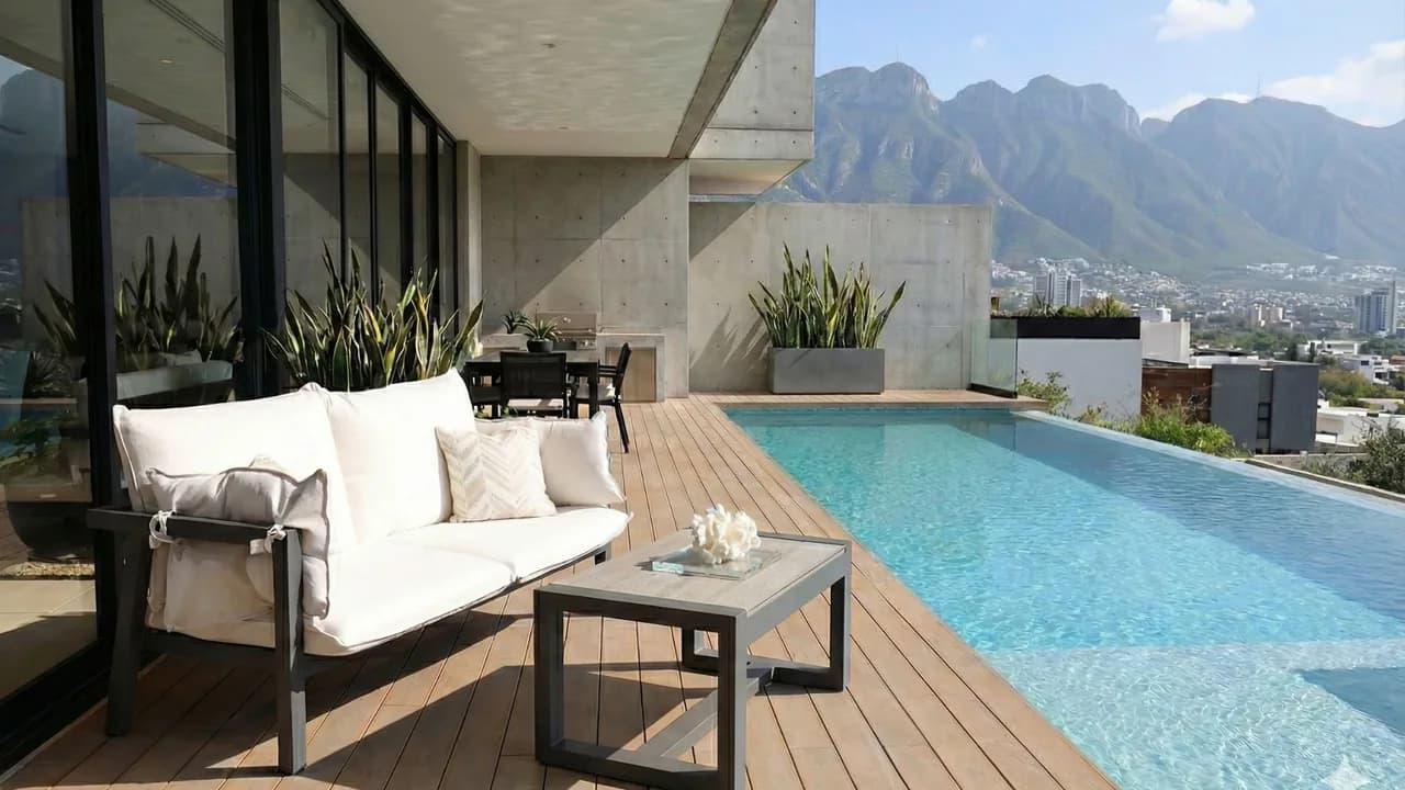Terraza con deck WPC tono madera junto a una alberca, con una sala exterior blanca y los cerros al fondo
