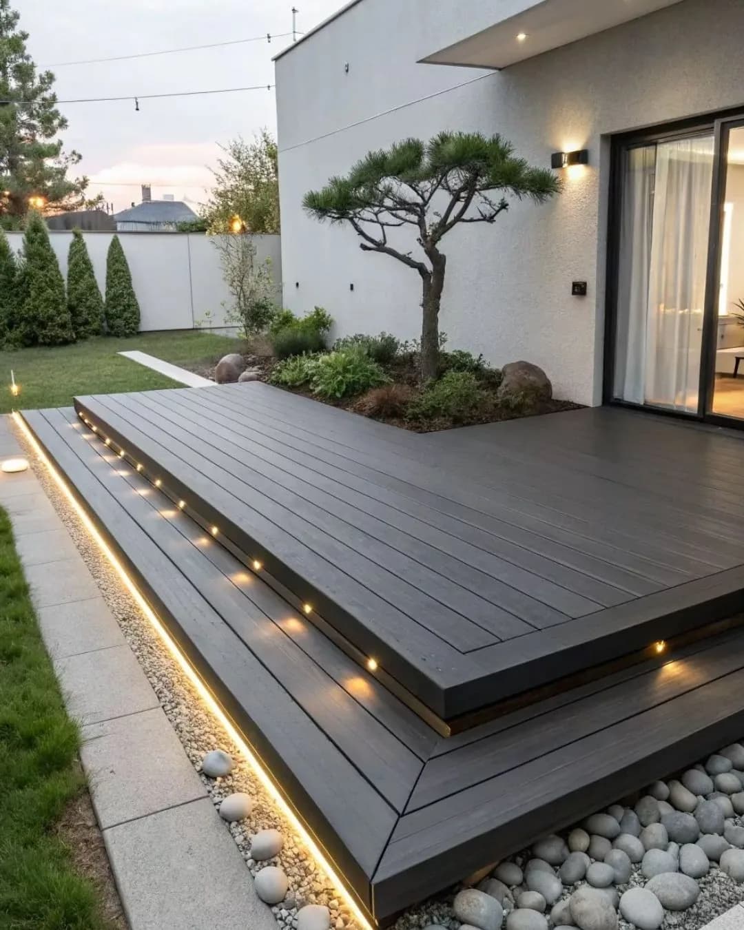 Terraza de casa con deck WPC gris oscuro en dos niveles, escalón con luces empotradas y jardín con un pino al atardecer