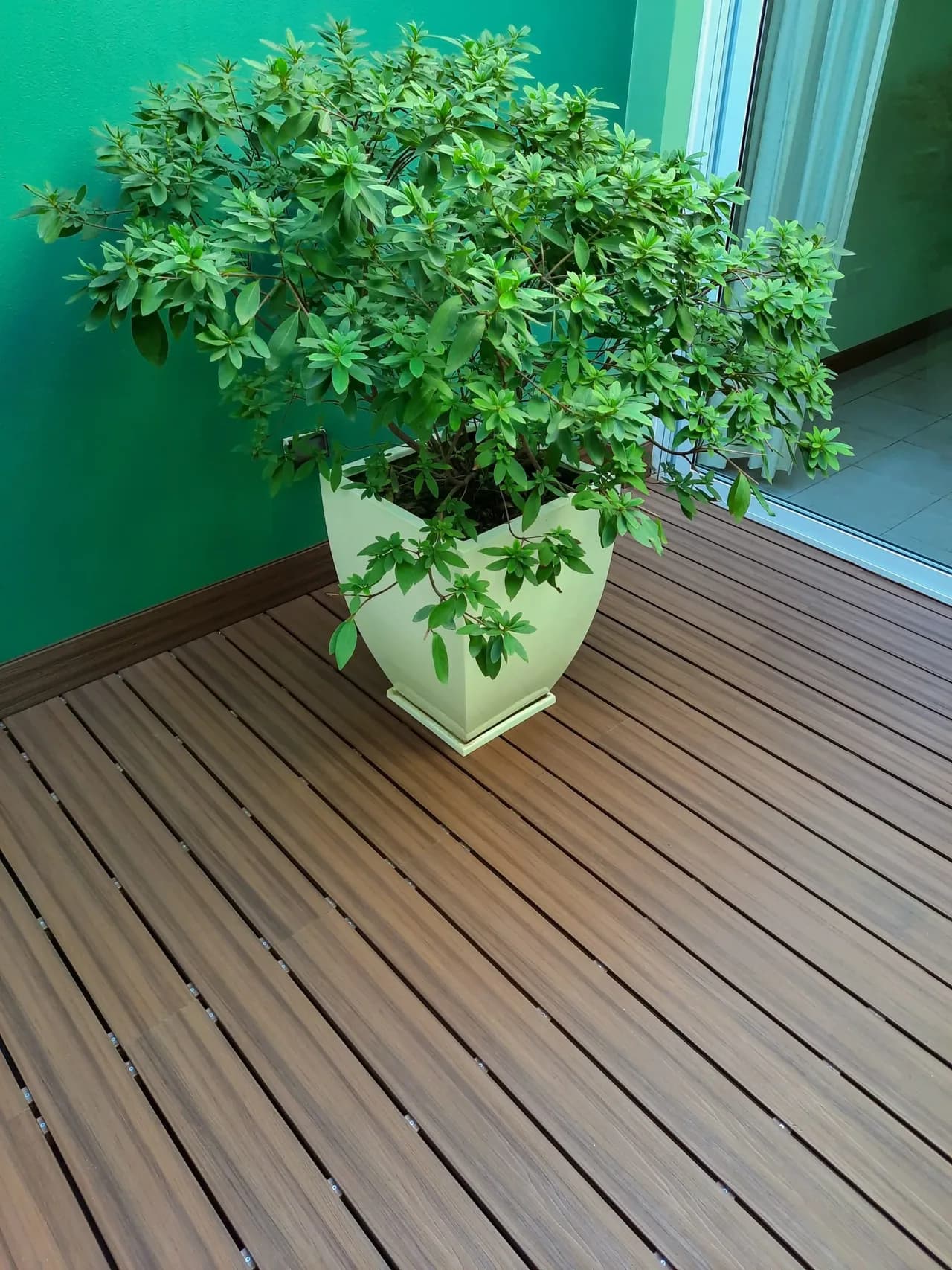 Balcony with wood-tone WPC decking, a green wall and a white planter next to the window