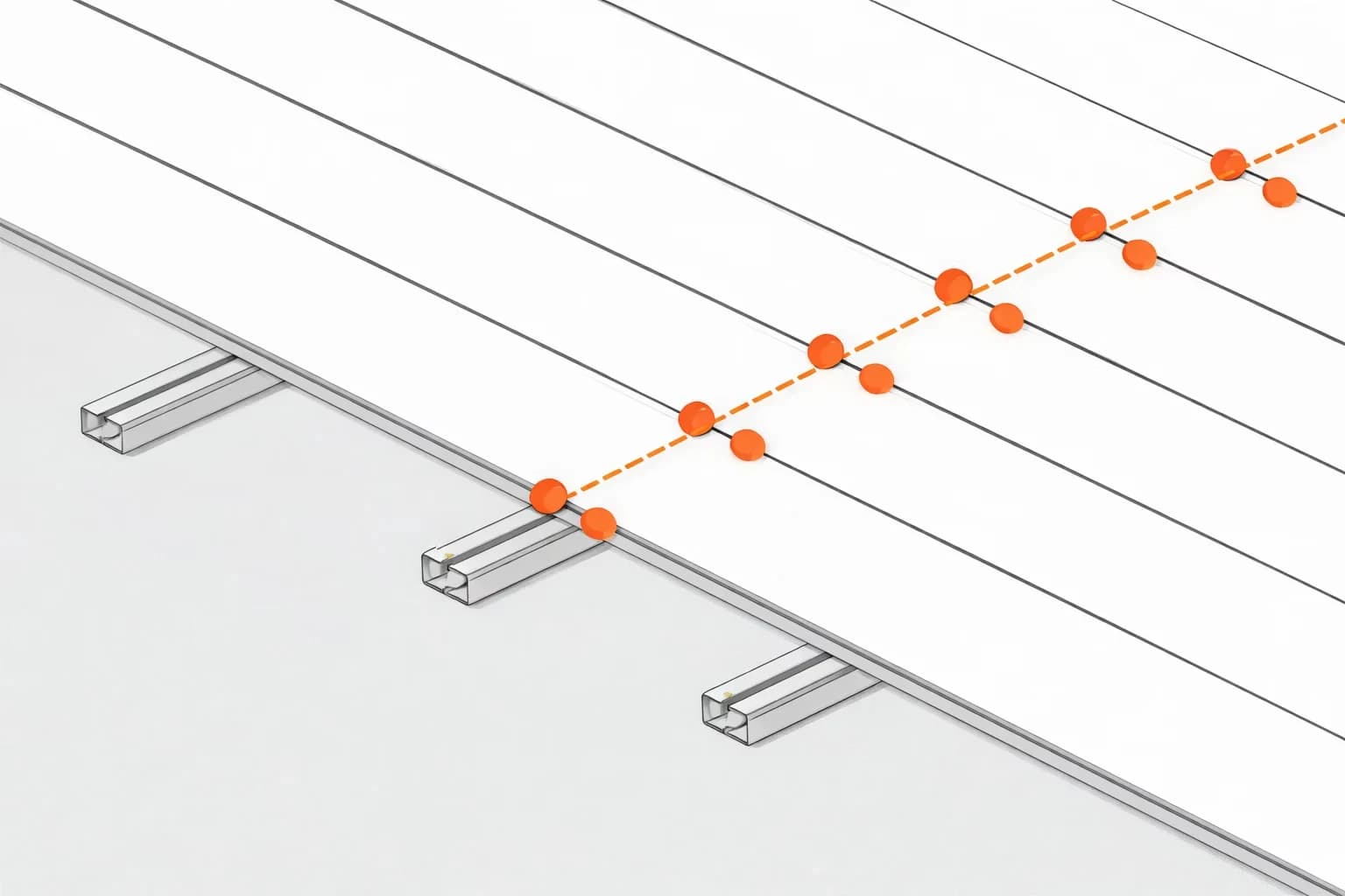 Dibujo isométrico del sistema de deck WPC: tablas a 90° sobre joists de aluminio, con un clip de fijación en cada cruce marcado en naranja