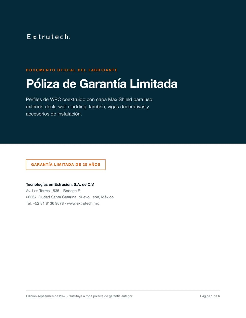 Portada de la póliza de garantía limitada de Extrutech