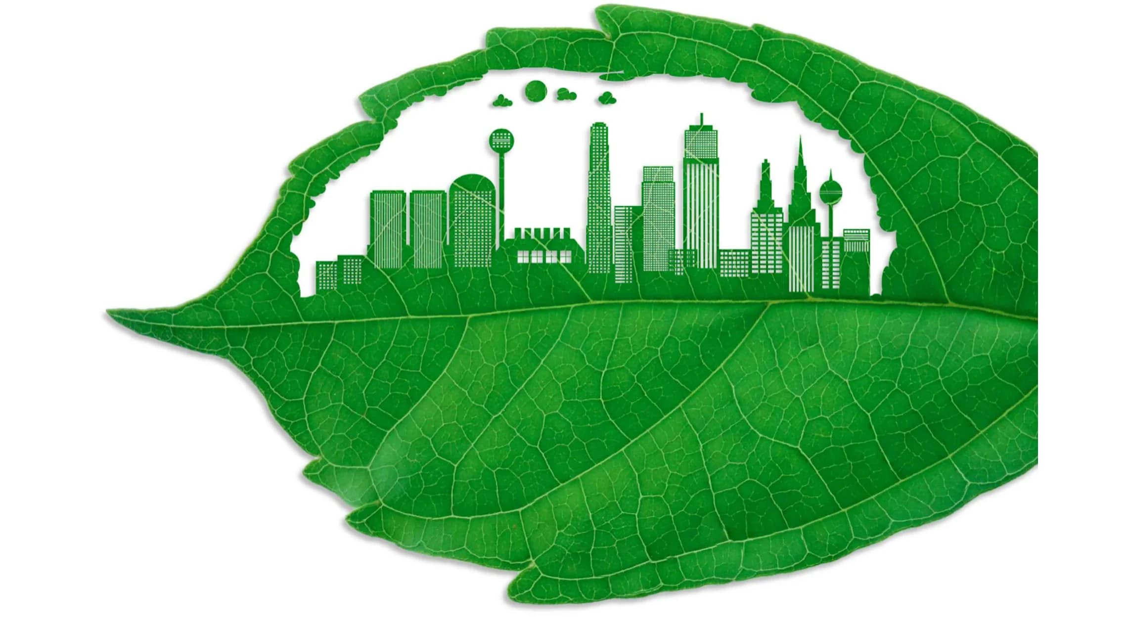 Green leaf with a city skyline cut out inside it