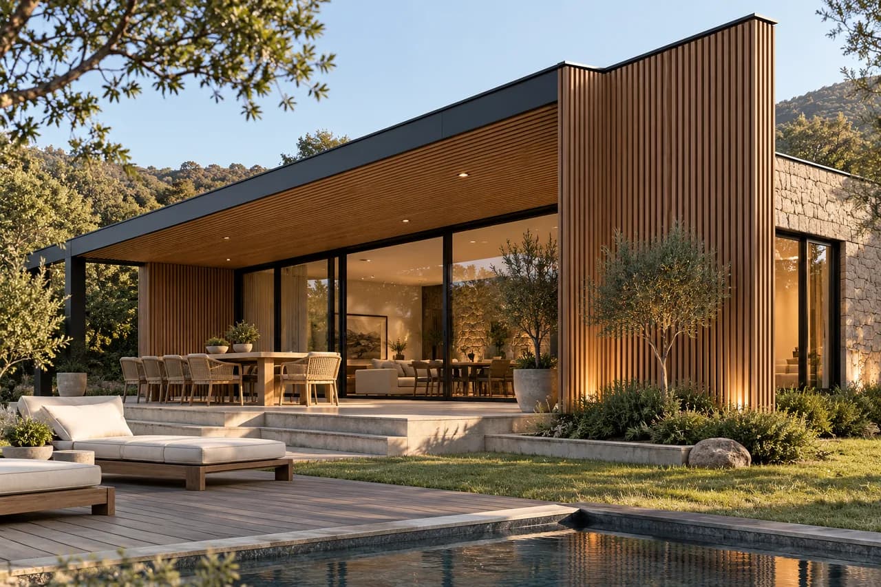 Casa moderna junto a una alberca con un volumen de lambrín WPC vertical tono madera y el techo de la terraza revestido de lambrín, al atardecer