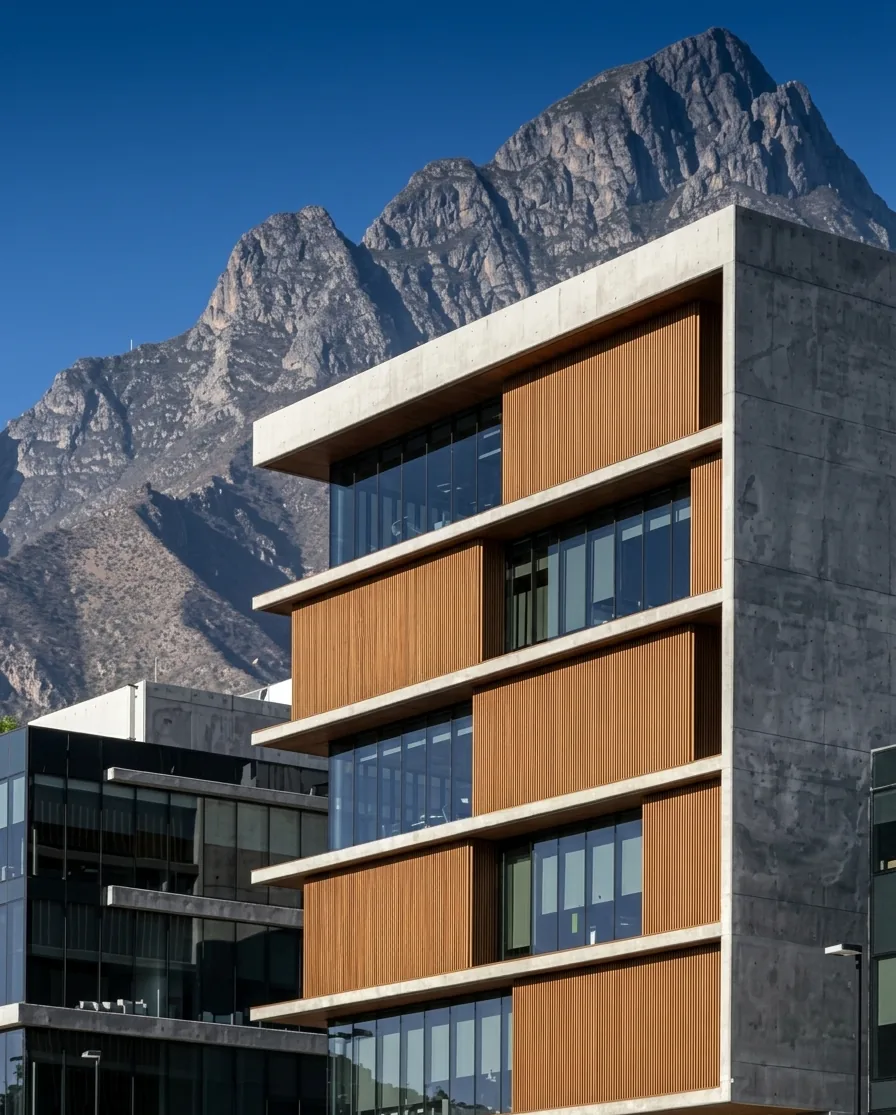 Edificio de oficinas de concreto con paños de lambrín WPC ranurado tono madera entre las ventanas de sus pisos, con la sierra al fondo