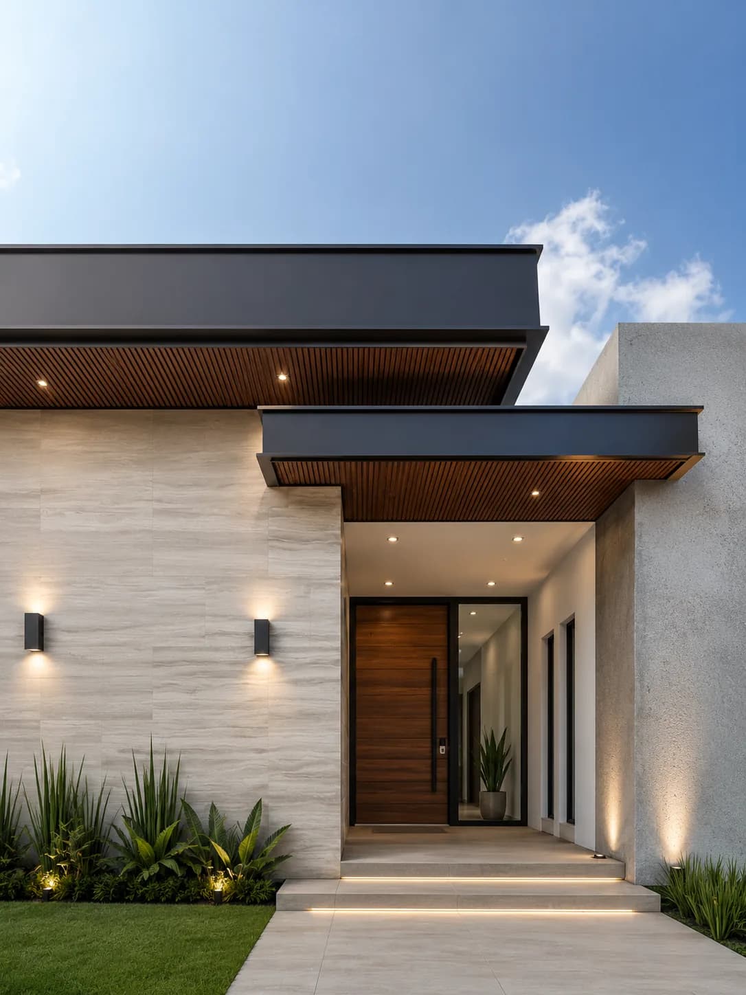Acceso de una casa moderna bajo un volado con el techo revestido de lambrín WPC tono madera y luces empotradas, junto a un muro de mármol claro