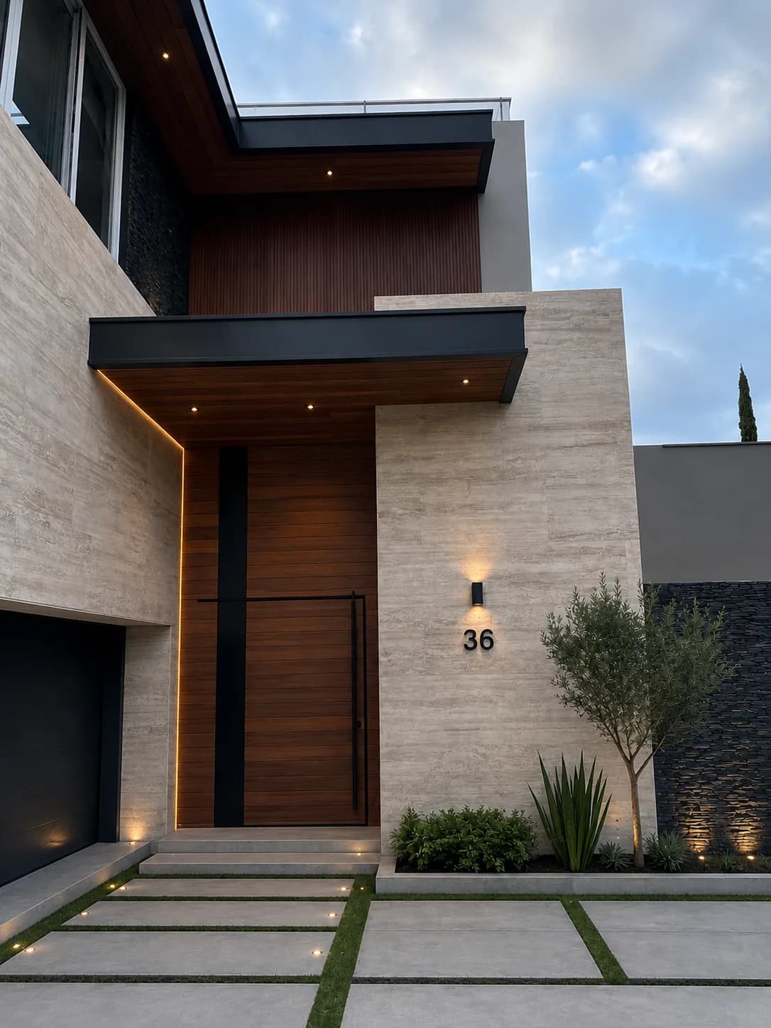 Fachada de una casa moderna al atardecer con muros de travertino, el muro del piso alto y el del acceso revestidos de panel WPC ranurado tono madera, y un volado con luces empotradas