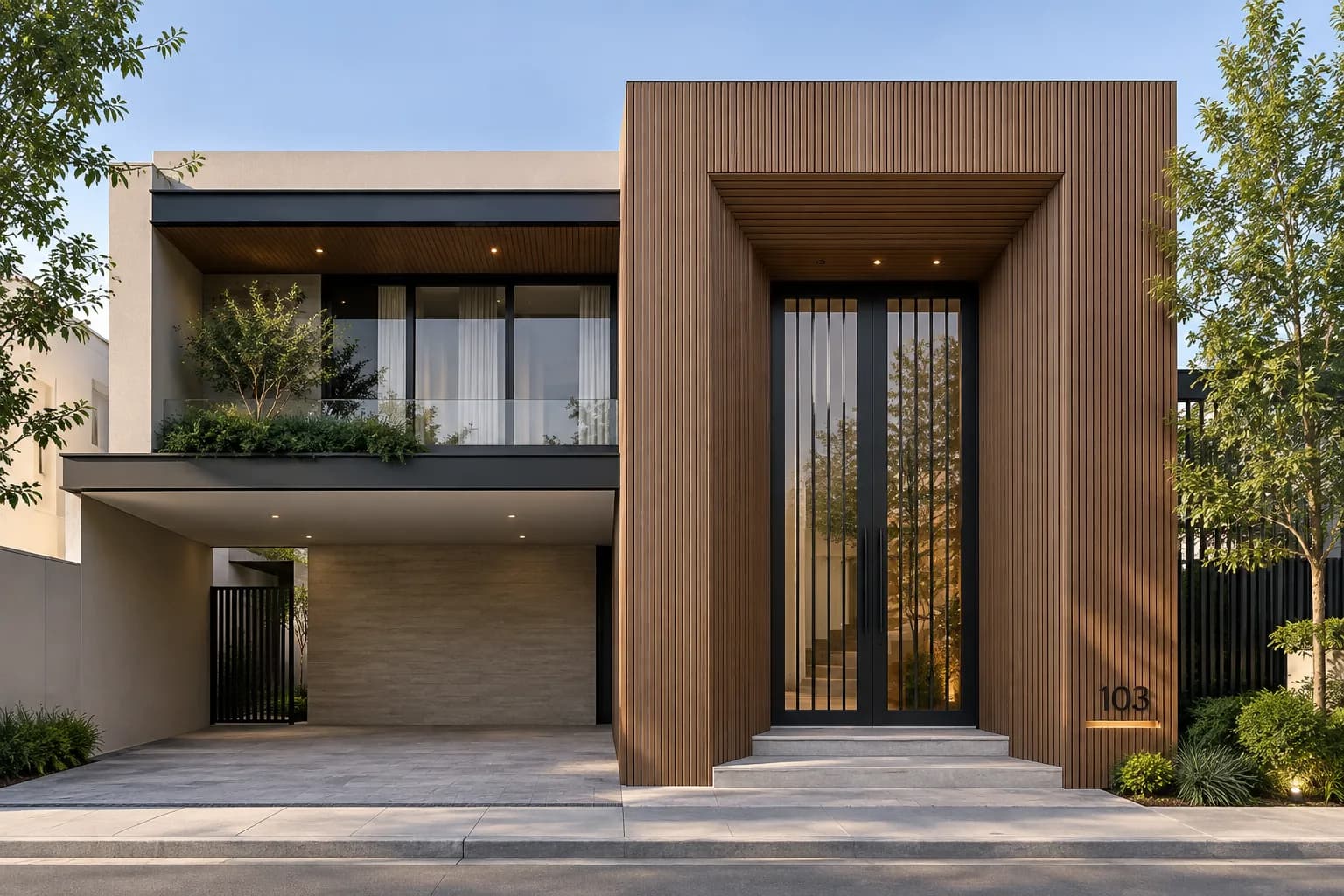 Fachada de una casa moderna con un marco alto revestido de lambrín WPC vertical tono madera alrededor de la entrada
