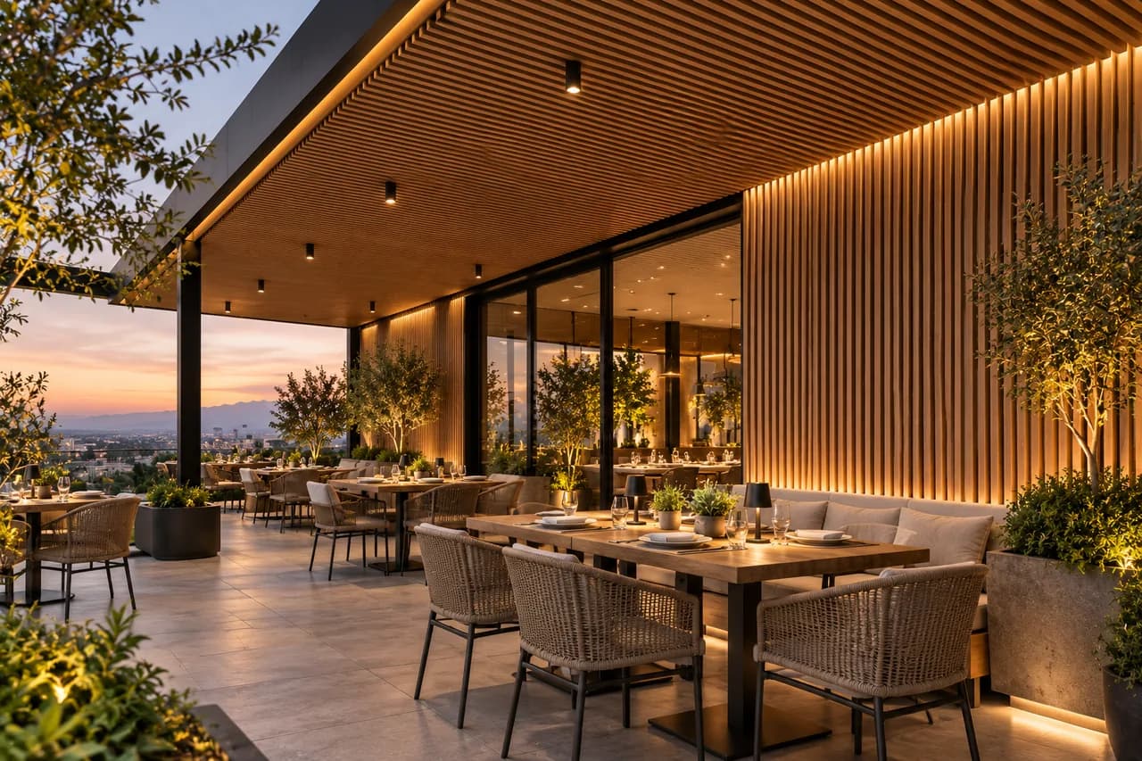 Terraza de restaurante al atardecer con muro y techo de lambrín WPC tono madera iluminados, mesas puestas y la ciudad al fondo