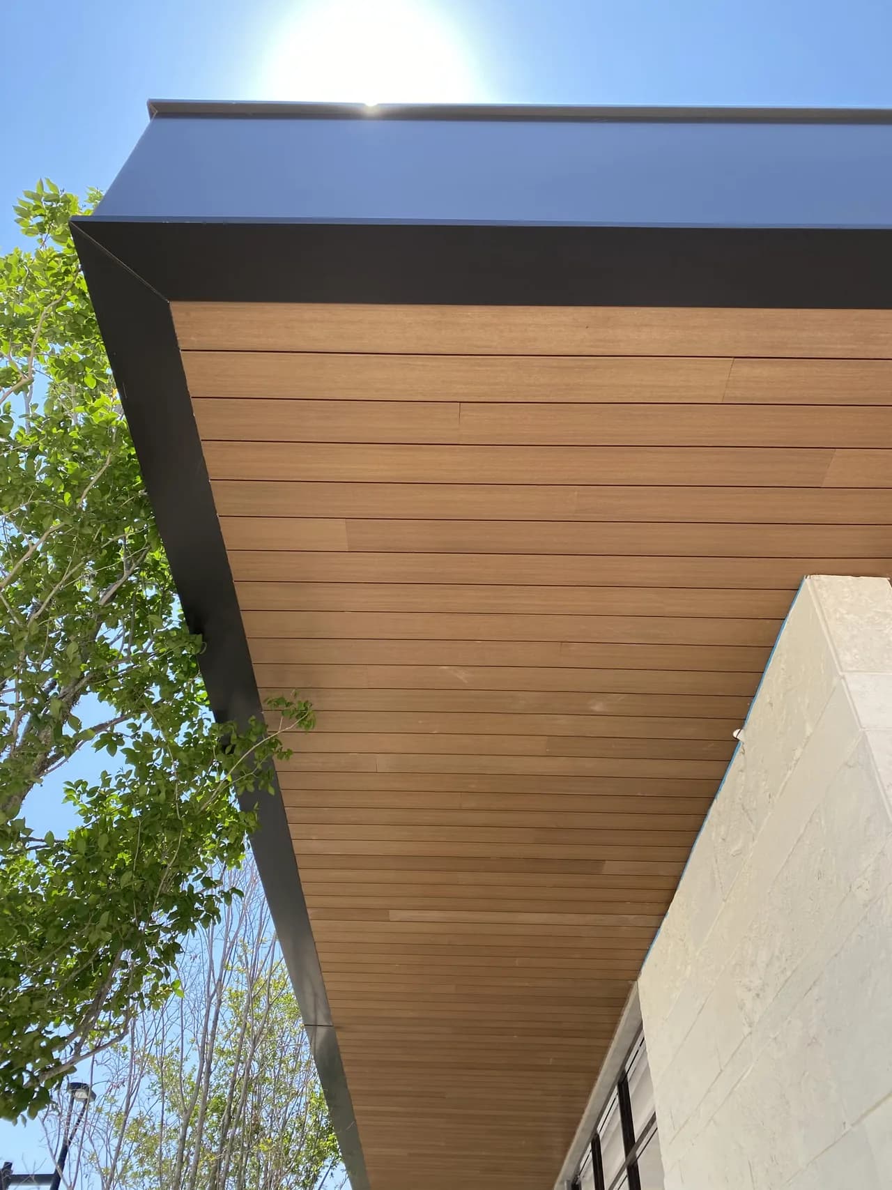Overhang with a wood-tone WPC soffit next to a tree, seen from below
