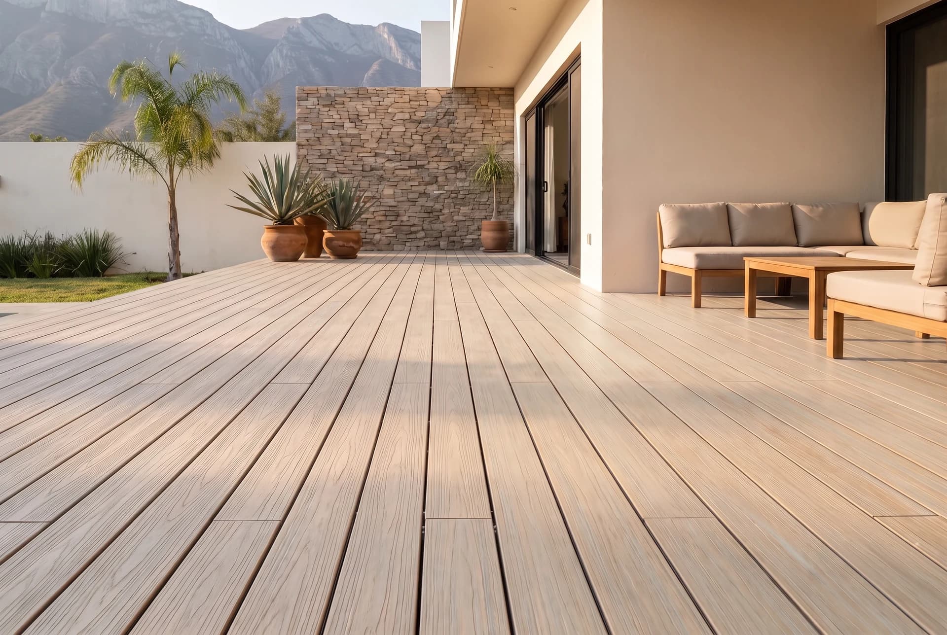 La misma terraza con deck WPC en color Sand