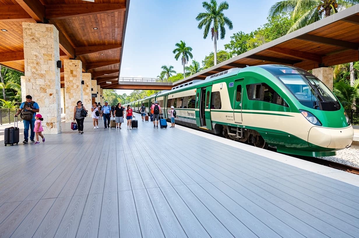 Train station platform with light gray WPC decking under wooden roofs on stone columns, with passengers and a train beside palm trees