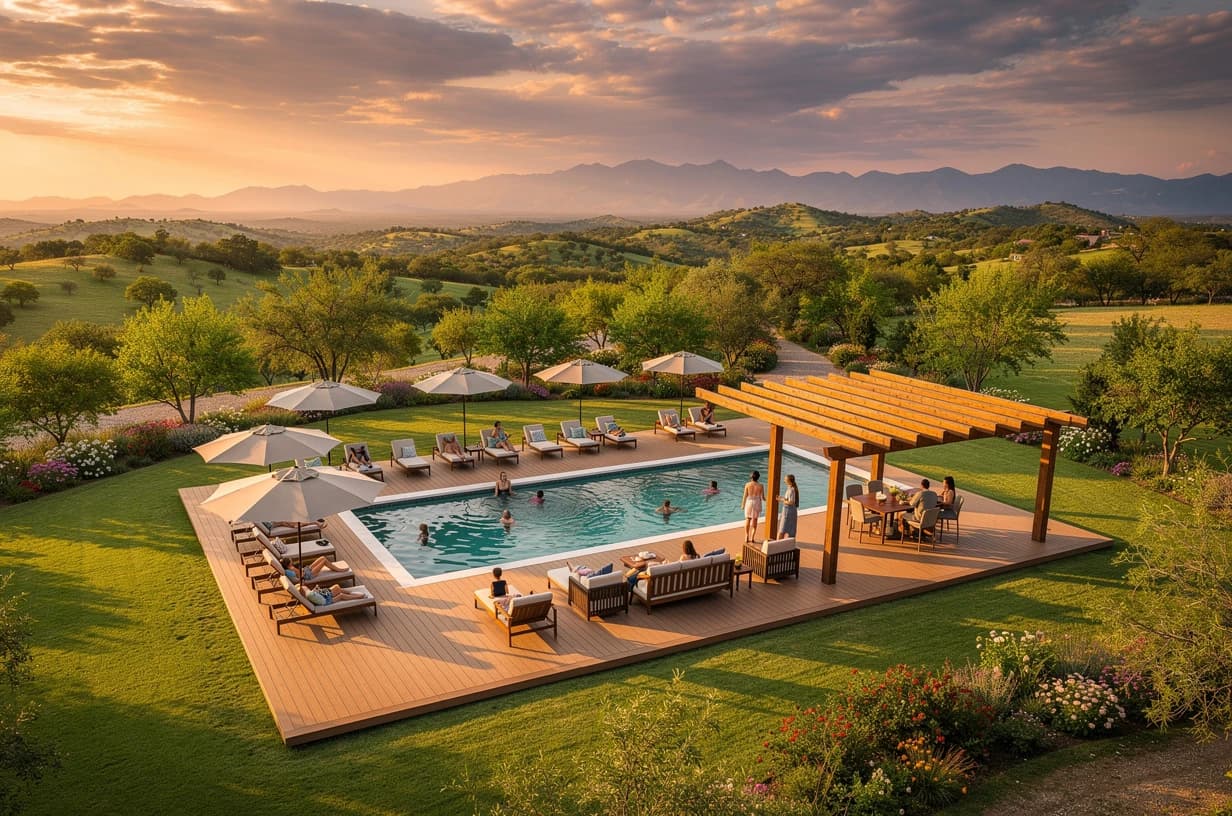 Aerial view of a WPC beam pergola over a pool deck at sunset