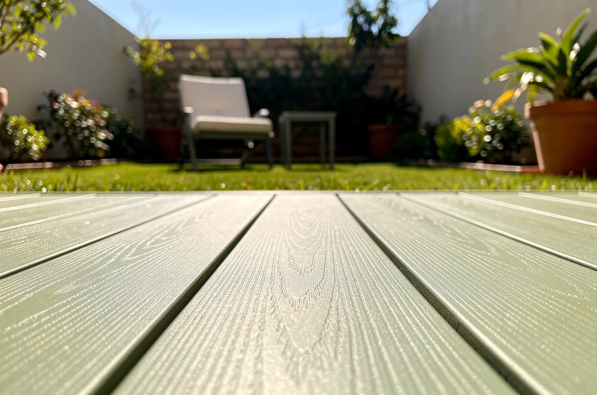 Pale green WPC deck boards in the foreground, with a small garden, grass, a chair and planters behind