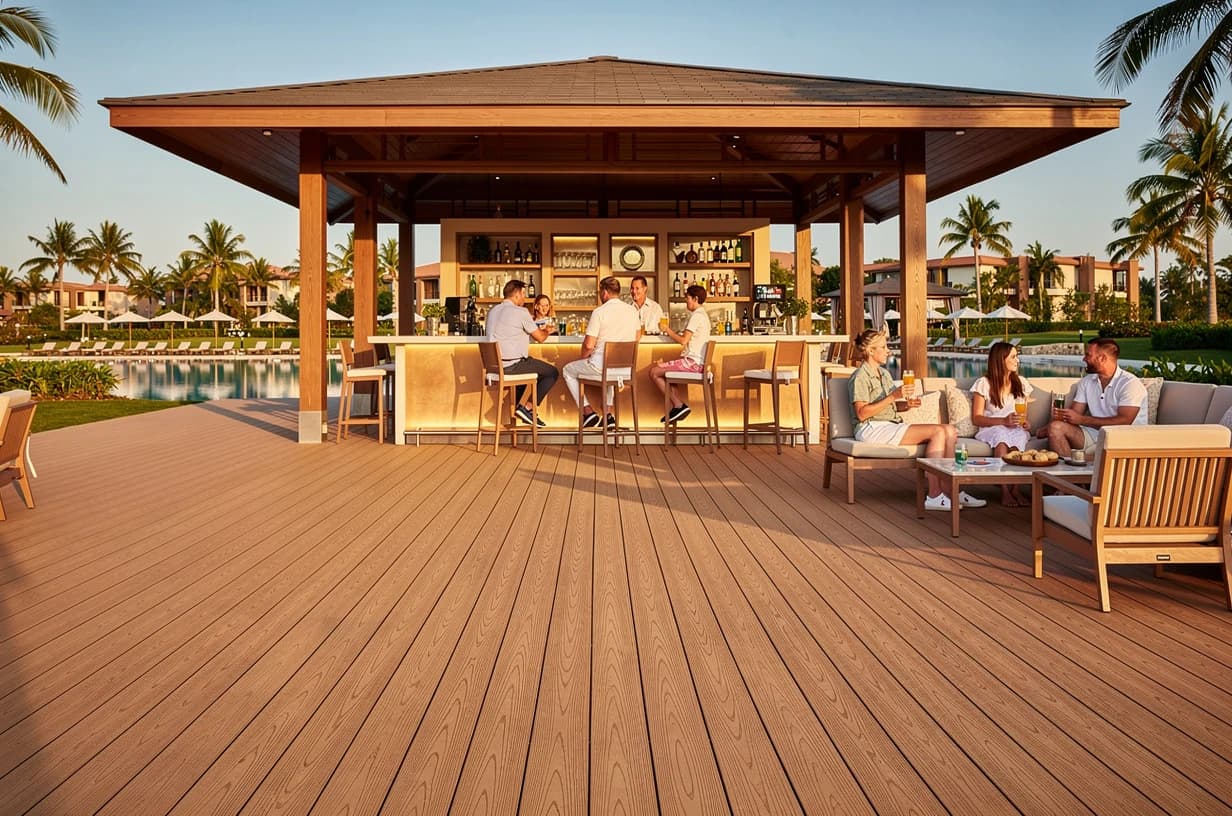Warm wood-tone WPC decking around an open-air hotel bar at sunset, with guests in the background