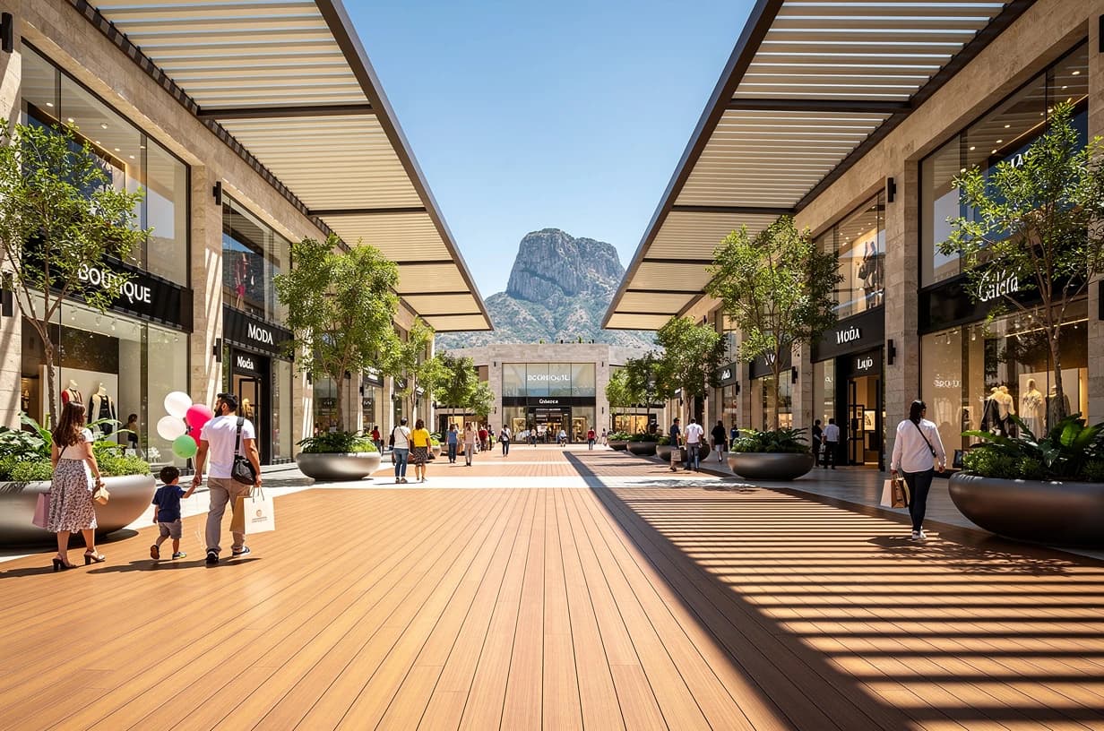 Open-air shopping center walkway with deck-style flooring and visitors walking between stores