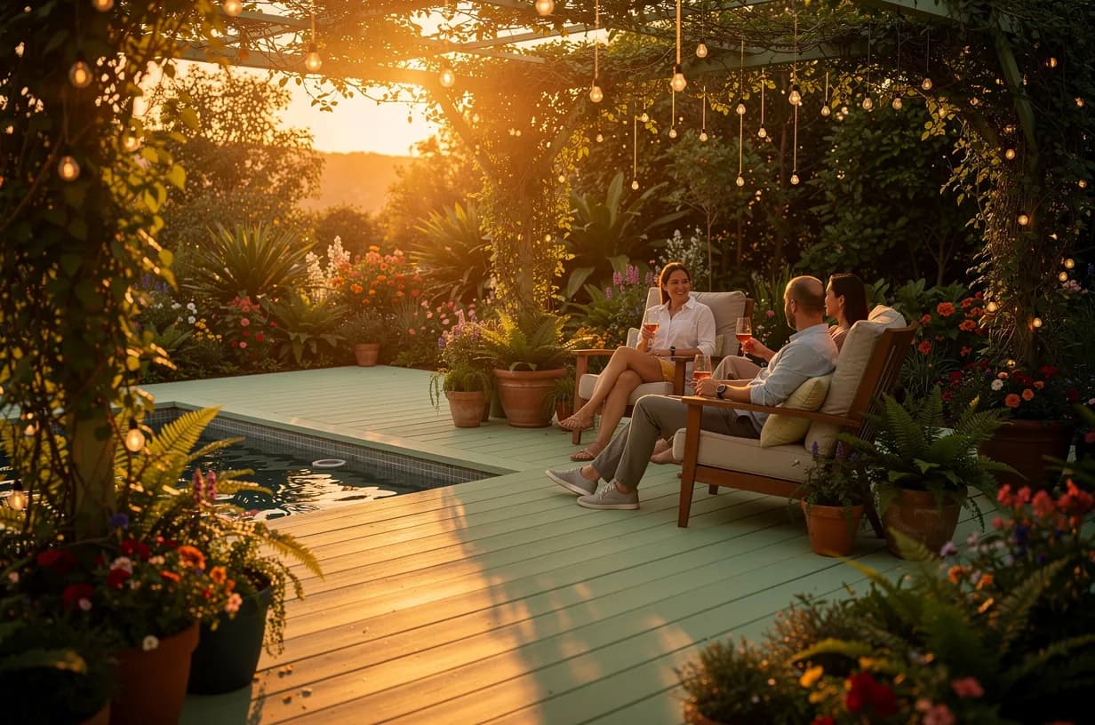 Couple relaxing in golden sunlight on a pale green WPC deck next to their backyard pool