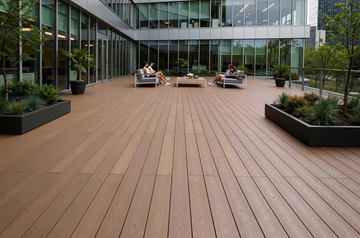 Office building terrace with a wide wood-tone WPC deck, dark planters and people chatting in outdoor seating areas in front of the windows