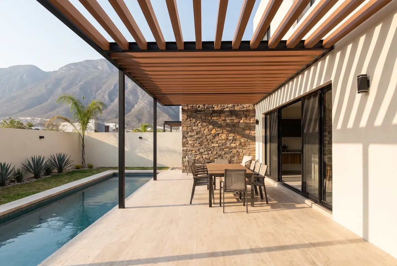Incienso WPC beam pergola on a black steel frame, attached to the wall of a house and shading a travertine patio with outdoor dining beside a long pool, with agaves, a palm tree and mountains in the background