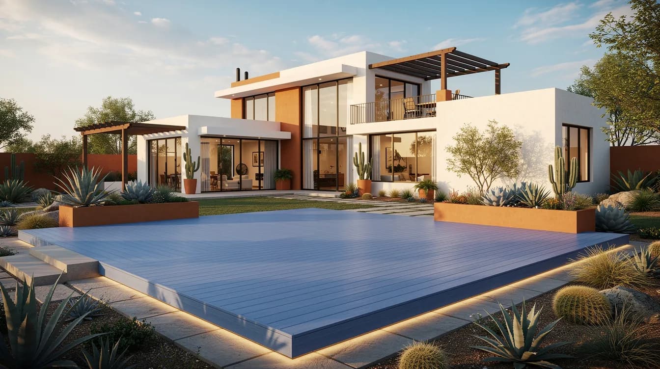 Casa de dos plantas con deck WPC alrededor de la alberca, volúmenes con lambrín y una pérgola de vigas sobre la terraza