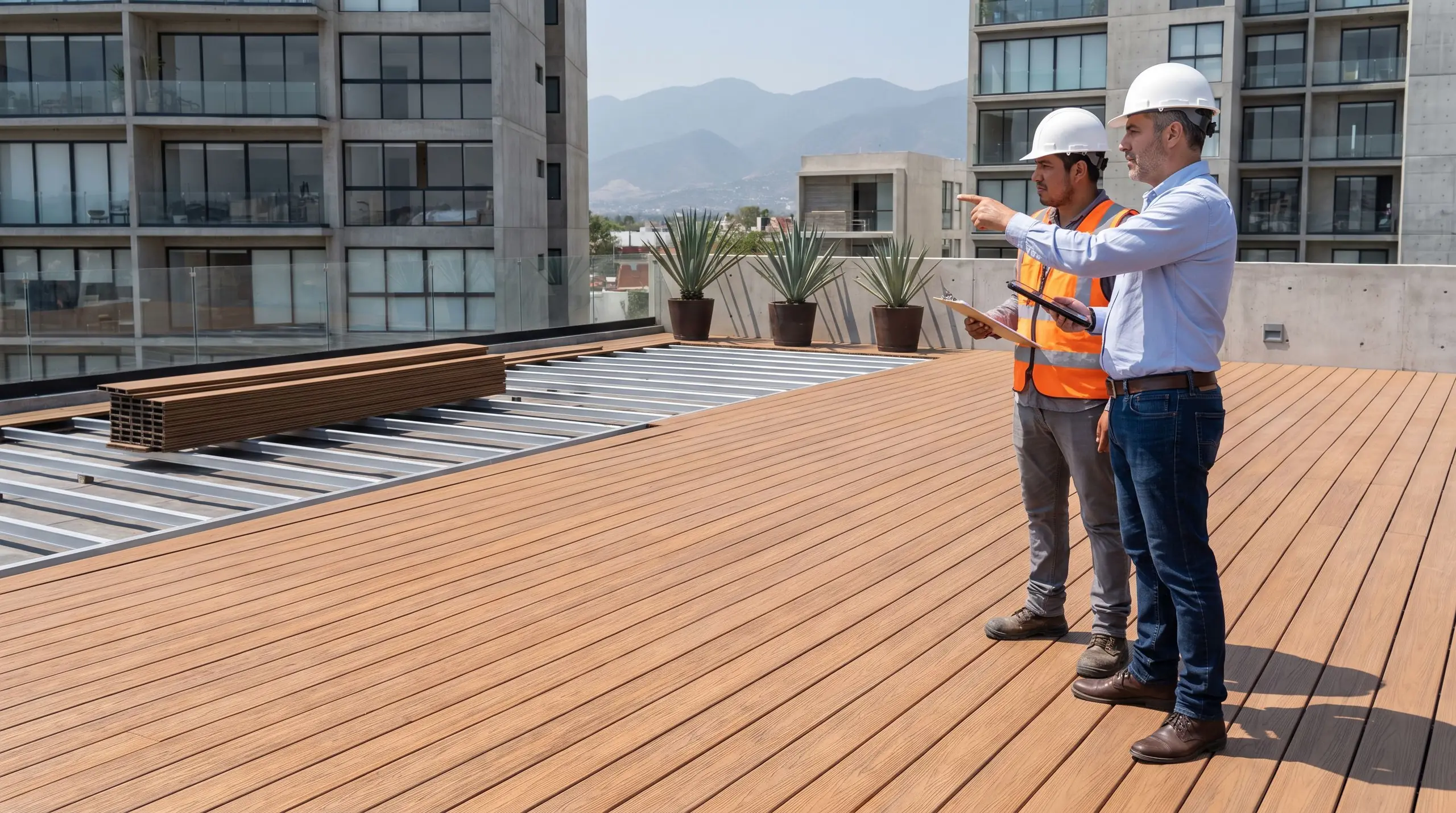 Gerente de obra con casco y tableta señalando un punto del deck, junto a un integrante de la cuadrilla que sigue su gesto, sobre una azotea con el deck de WPC a medio instalar