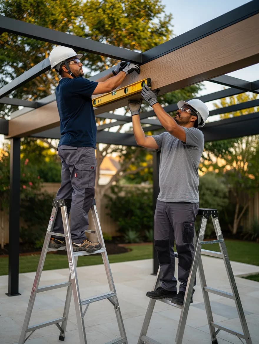 Installers fastening WPC beams to the frame of a pergola