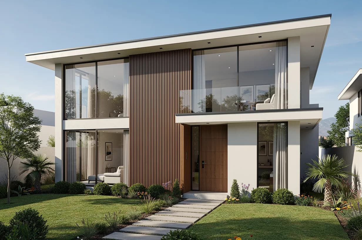 Casa moderna con un volumen de lambrín WPC en tono madera entre los ventanales