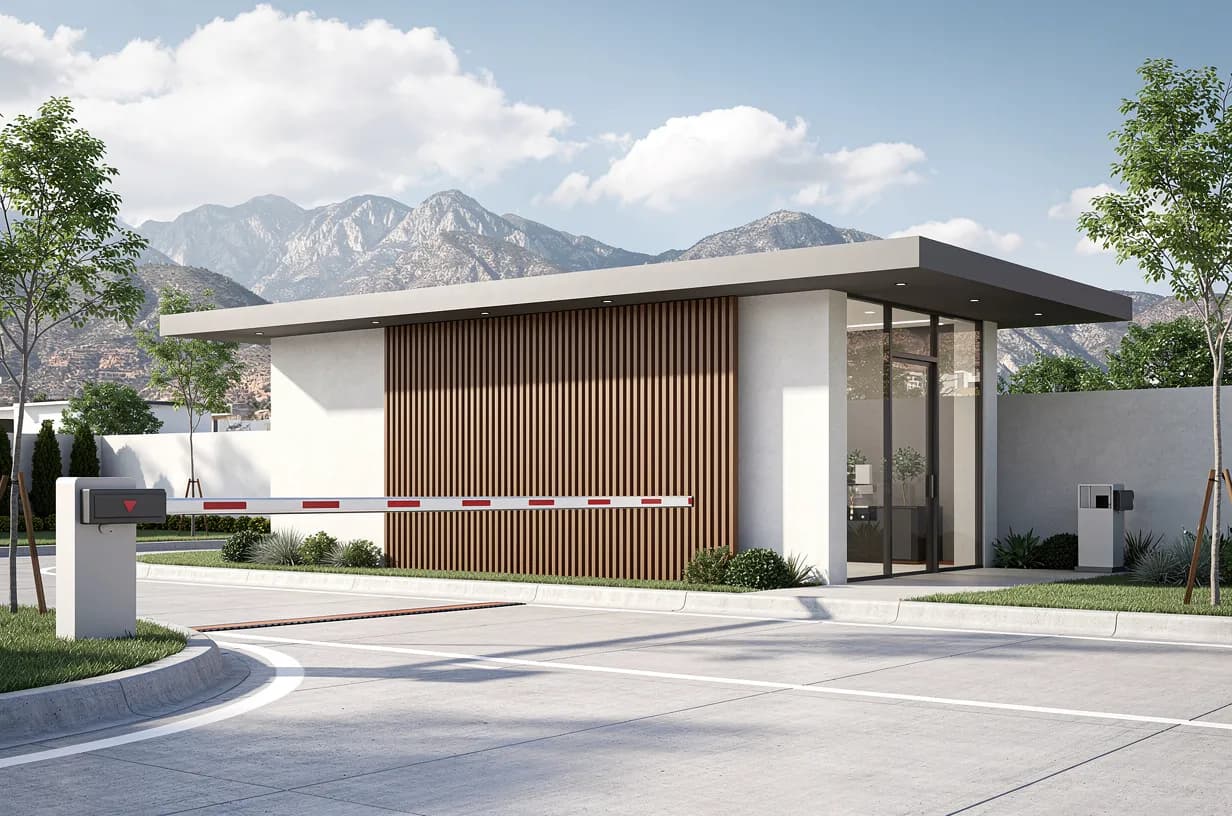 Gatehouse at a residential community with a wall of vertical WPC beams, a gate arm and mountains in the background