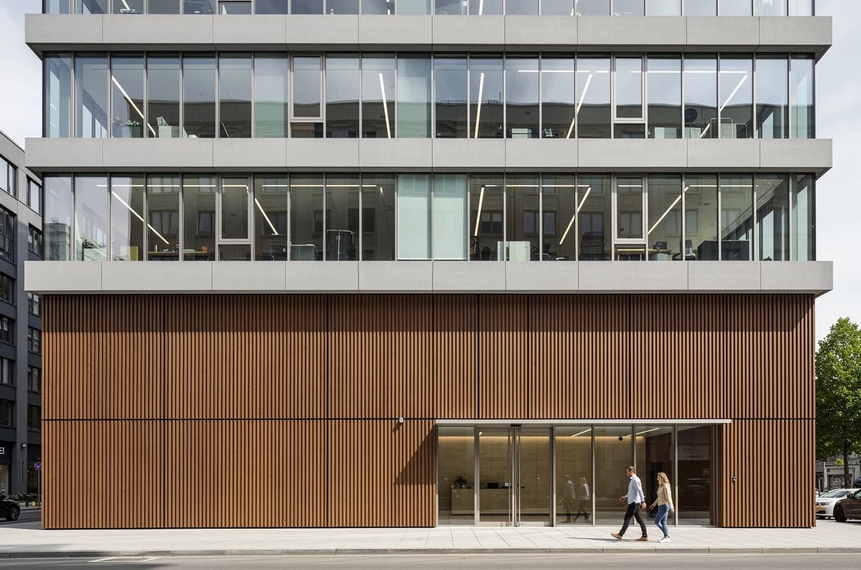 Ground floor of an office building clad in vertical wood-tone WPC grooved panels, with a glass entrance