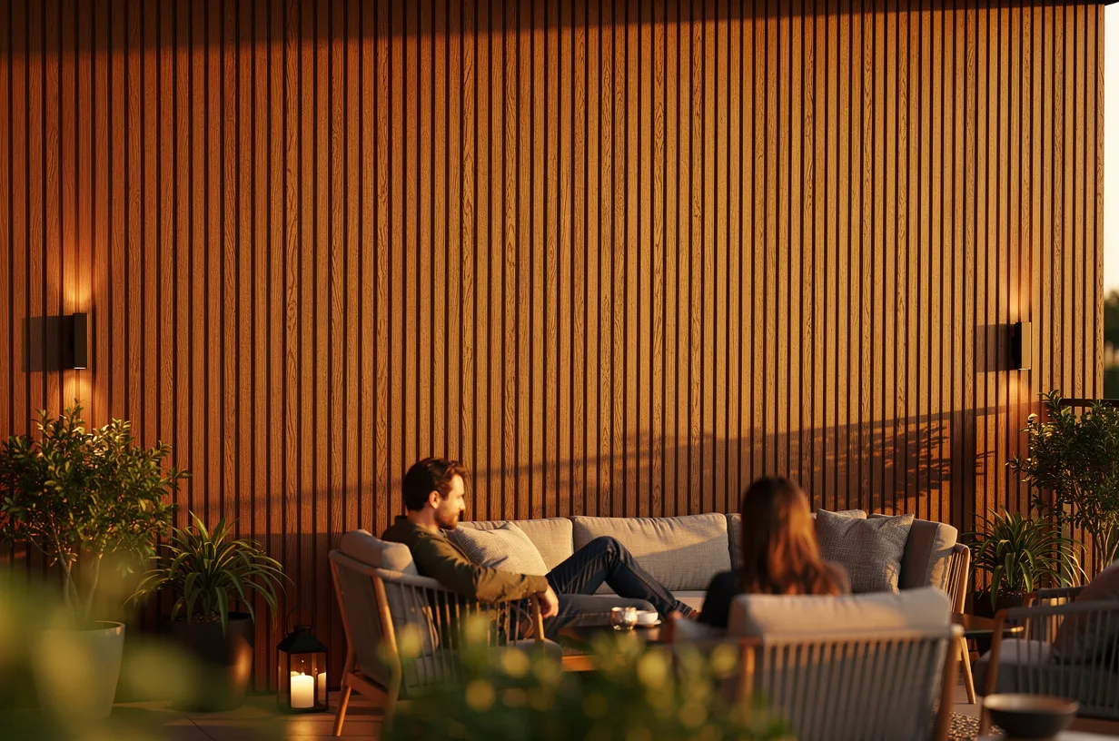 Outdoor lounge at dusk in front of a tall vertical wood-tone WPC grooved panel wall, with planters and wall lights