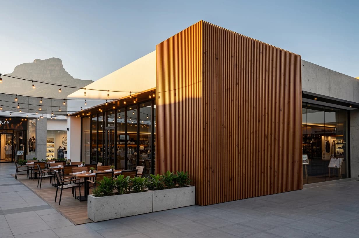 Restaurant in a shopping plaza at sunset, with a WPC grooved panel section between exposed concrete walls, concrete planters and a deck terrace below