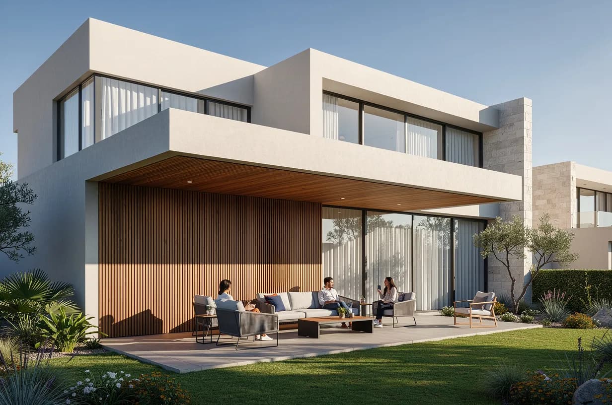 Covered patio of a modern house with a wood-tone WPC grooved panel wall and ceiling, outdoor seating and a garden in front