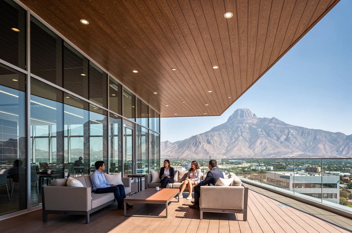 High-rise office terrace under a smooth WPC cladding ceiling, with outdoor seating and mountains in the background