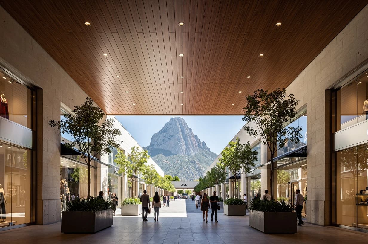 Covered shopping center walkway with a WPC cladding ceiling and a hill in the background