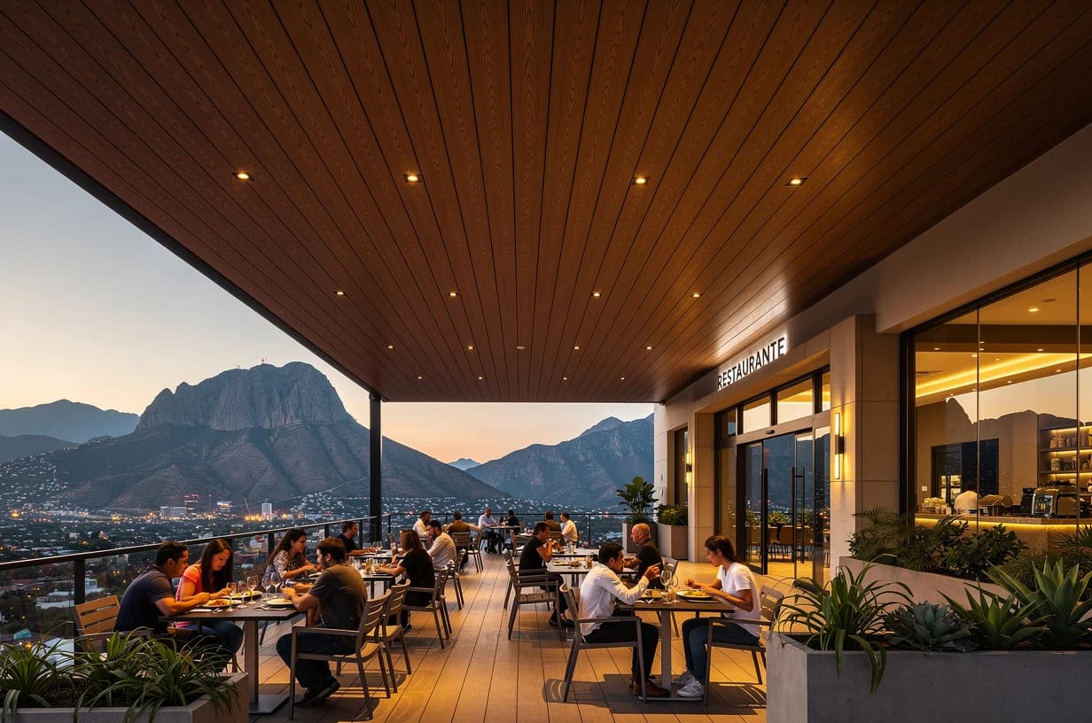 Restaurant terrace under a WPC cladding ceiling at dusk, with city lights