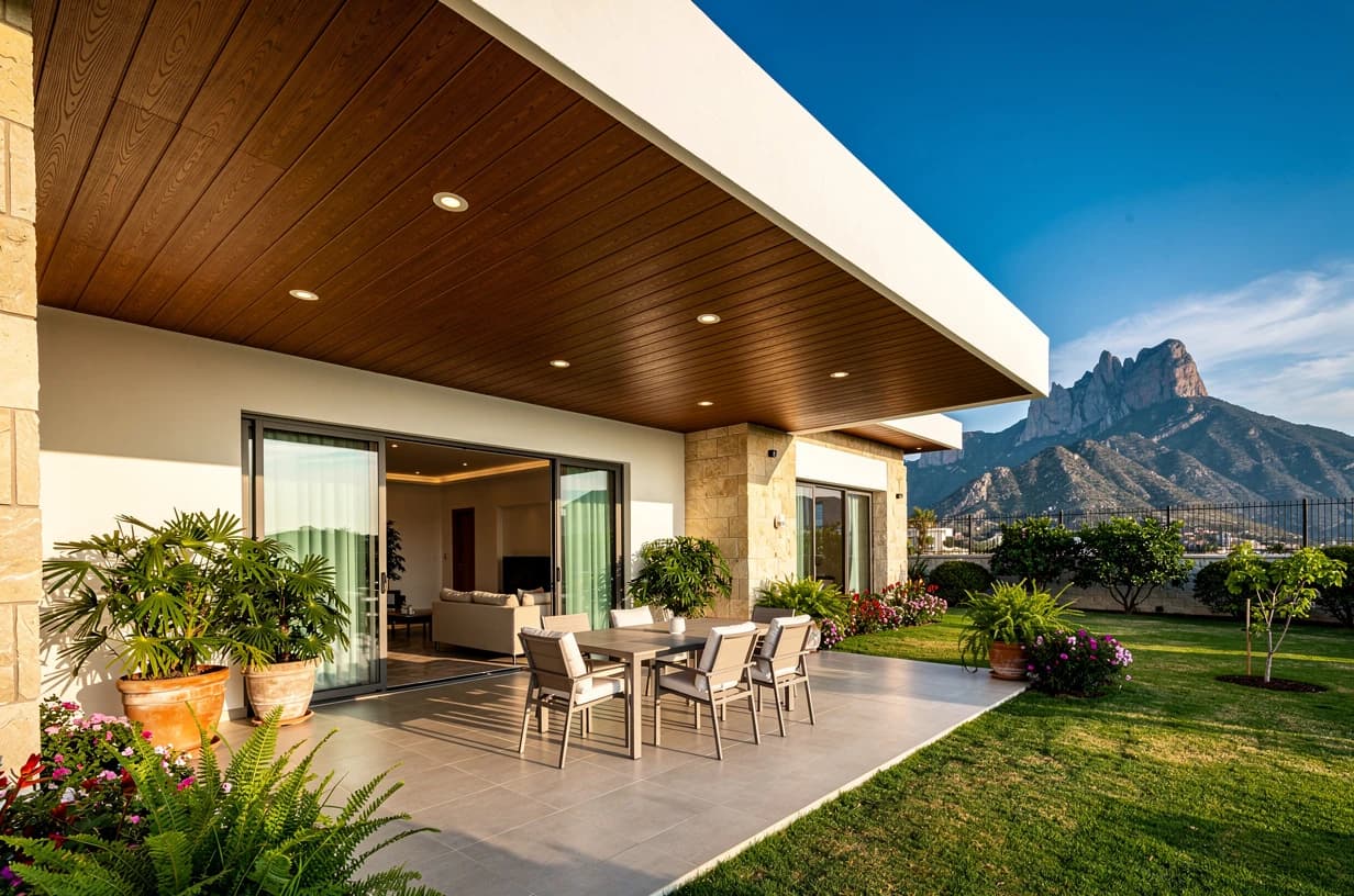 House overhang with a smooth WPC soffit over the patio, with a garden and mountains in the background