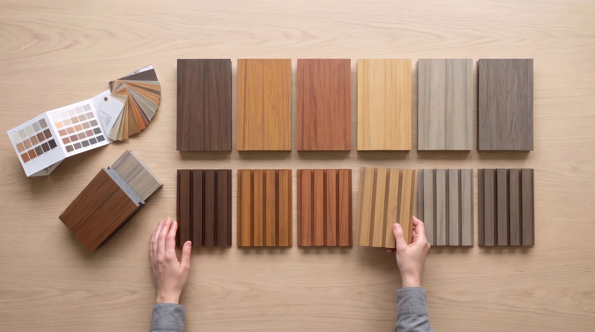 Muestras de Deck Sólido y Lambrín en seis colores sobre una mesa