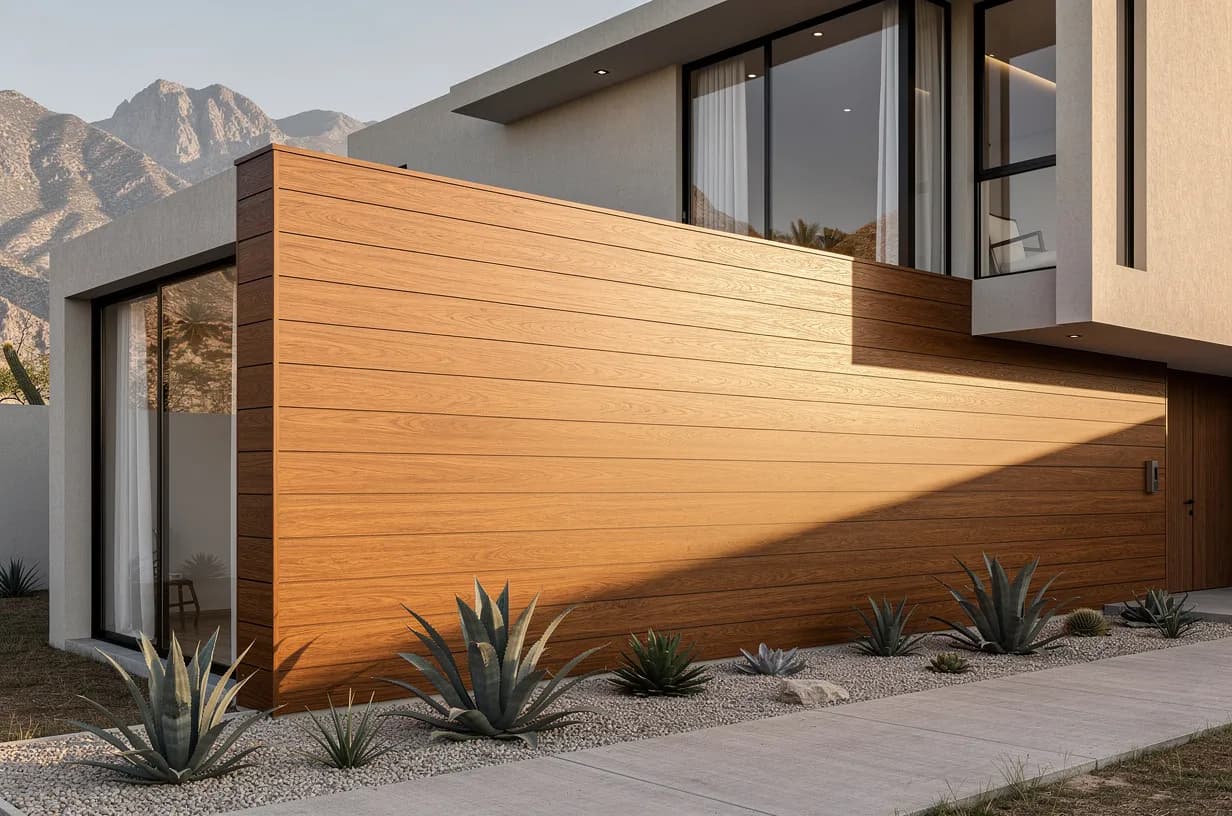 Modern house with a wall clad in Teka WPC Wall Cladding, an agave garden and mountains behind