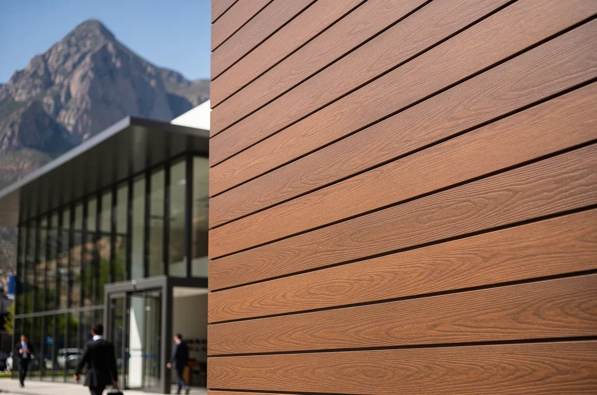 Exterior wall clad in Chesnut WPC Wall Cladding next to the glass lobby of an office building, with mountains behind