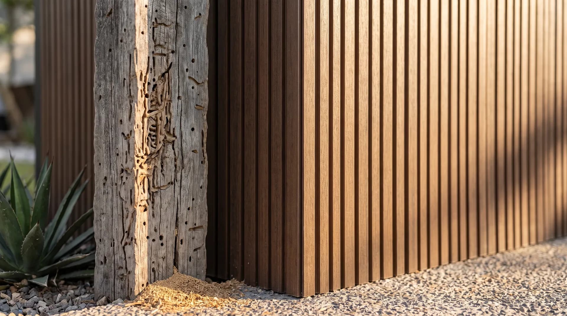 Poste viejo de madera natural comido por la termita, con galerías y aserrín en la base, junto a un muro intacto de lambrín WPC tono IPE