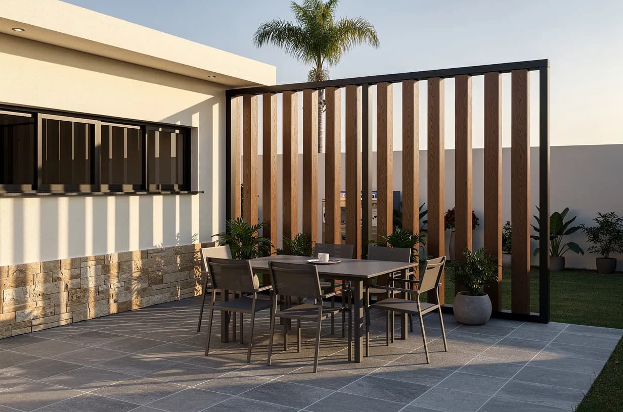 Patio with outdoor dining and a screen of vertical WPC beams as a divider