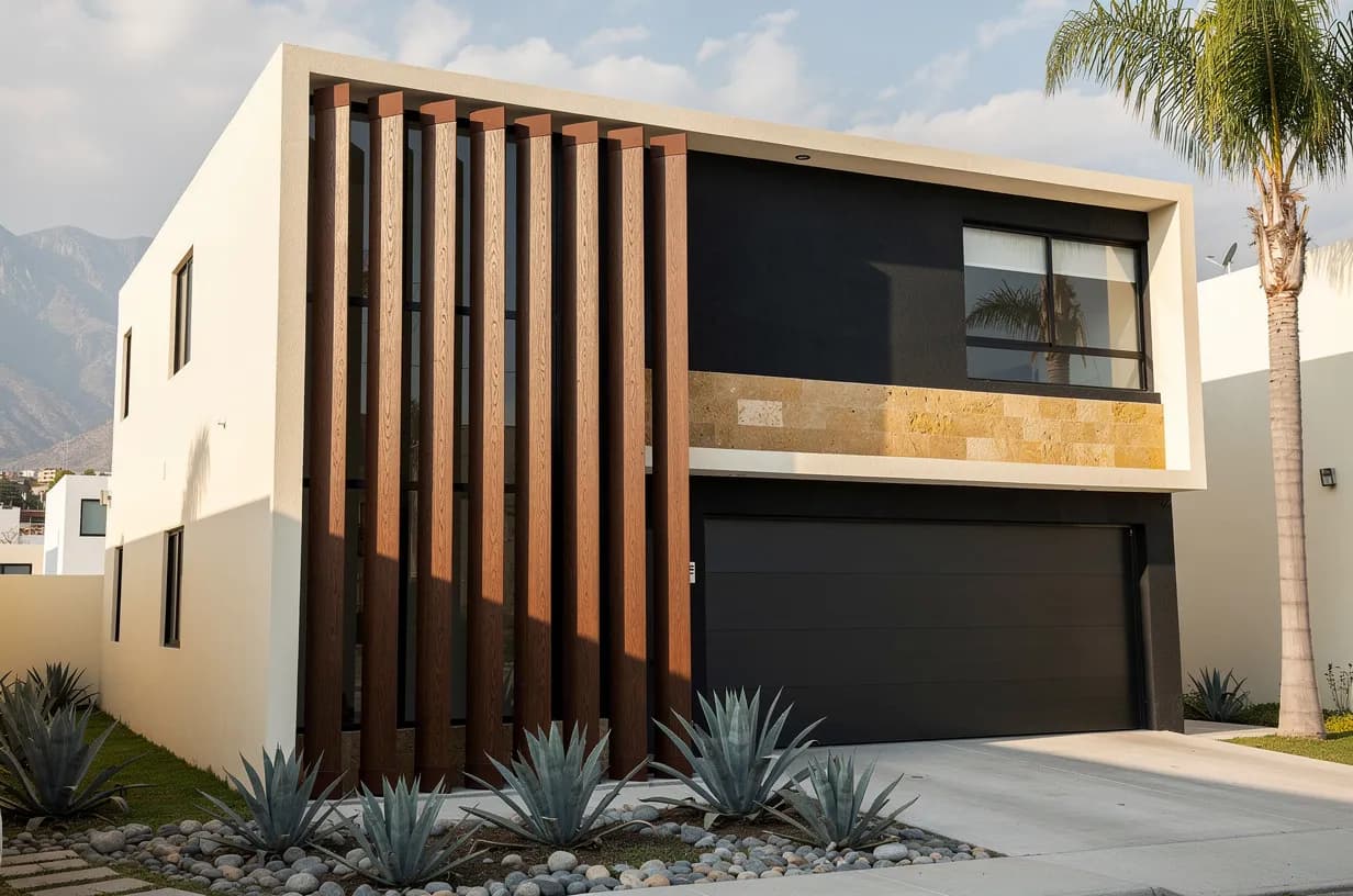 House facade with a vertical screen of WPC beams and mountains behind