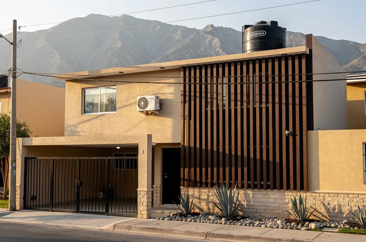 House facade with a vertical screen of WPC beams in front of the garage and mountains in the background