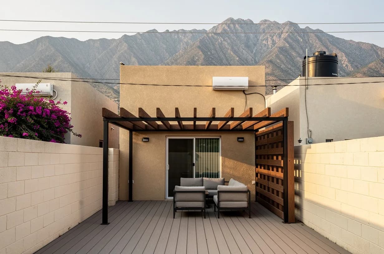 Garden pavilion with a pergola and screen of WPC beams over a deck, with outdoor seating