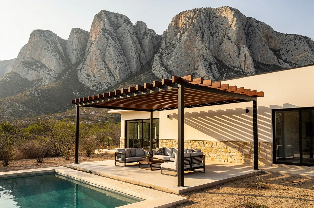 WPC beam pergola next to a pool, with the Huasteca mountains behind