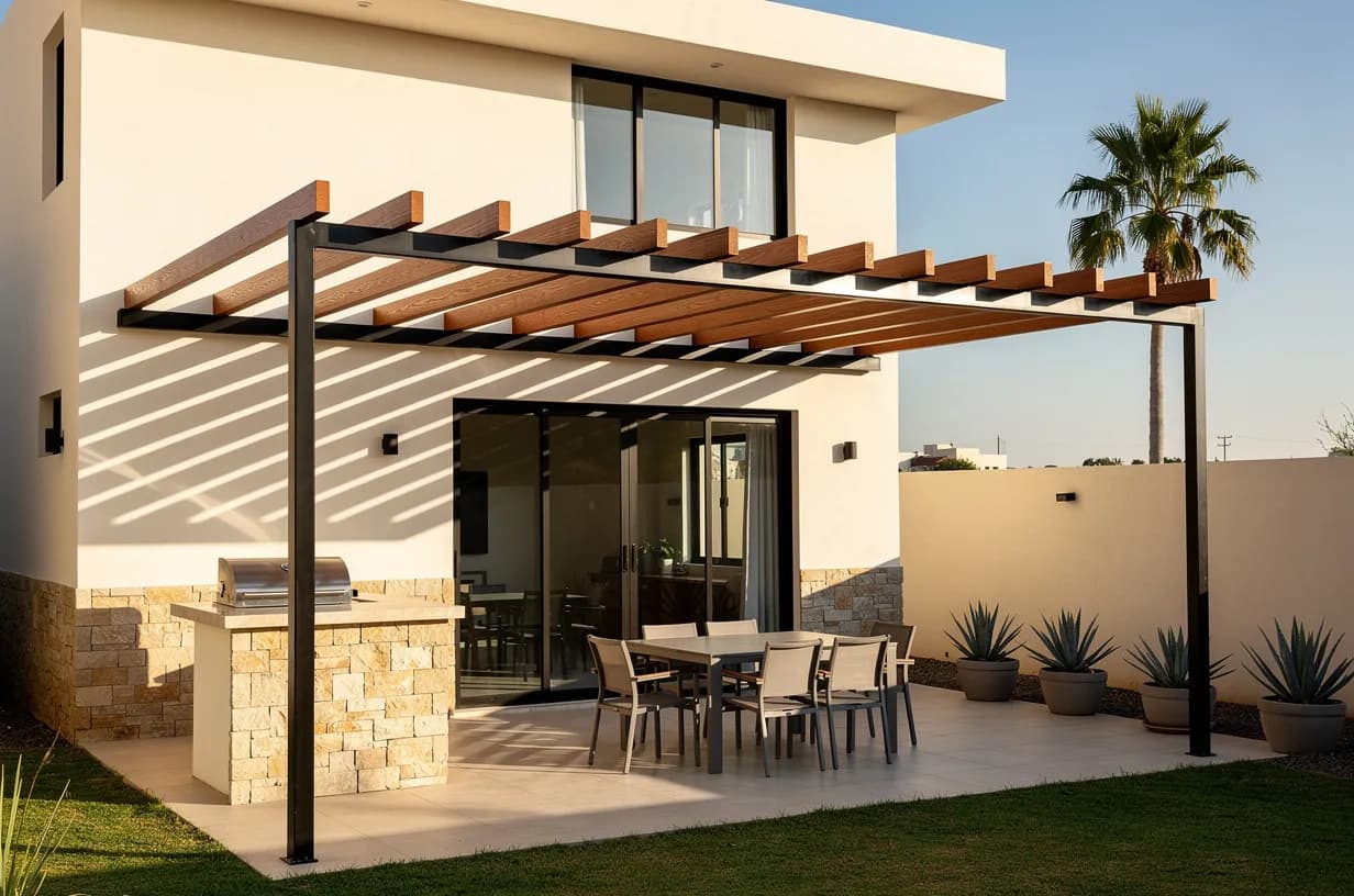 Pergola of WPC beams over the grill and outdoor dining area of a house