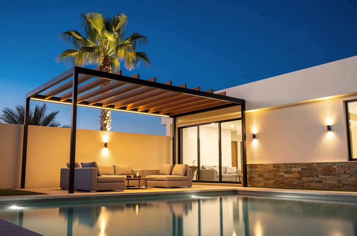 WPC beam pergola lit at night over a terrace with a pool