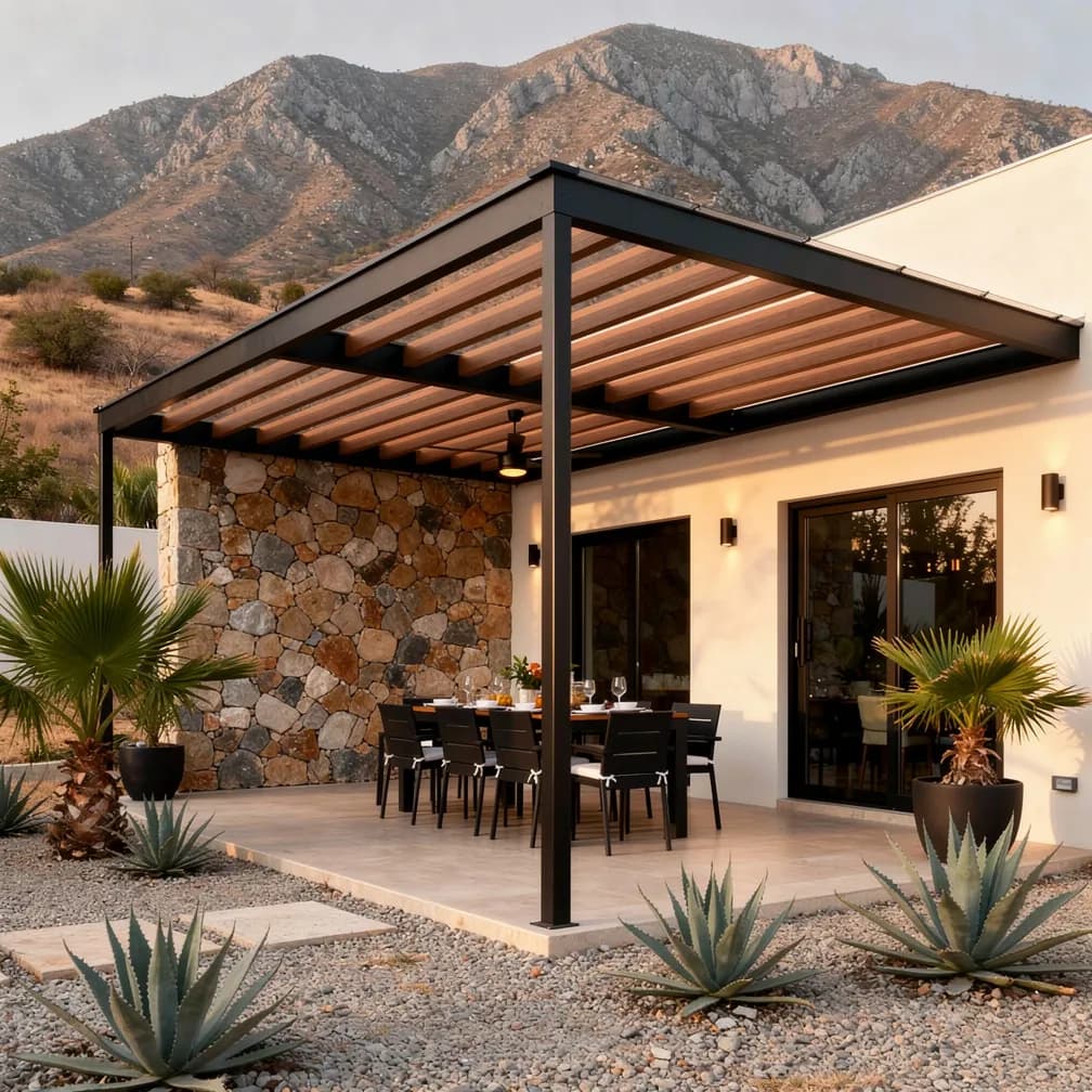 Covered terrace with a WPC beam pergola and outdoor dining