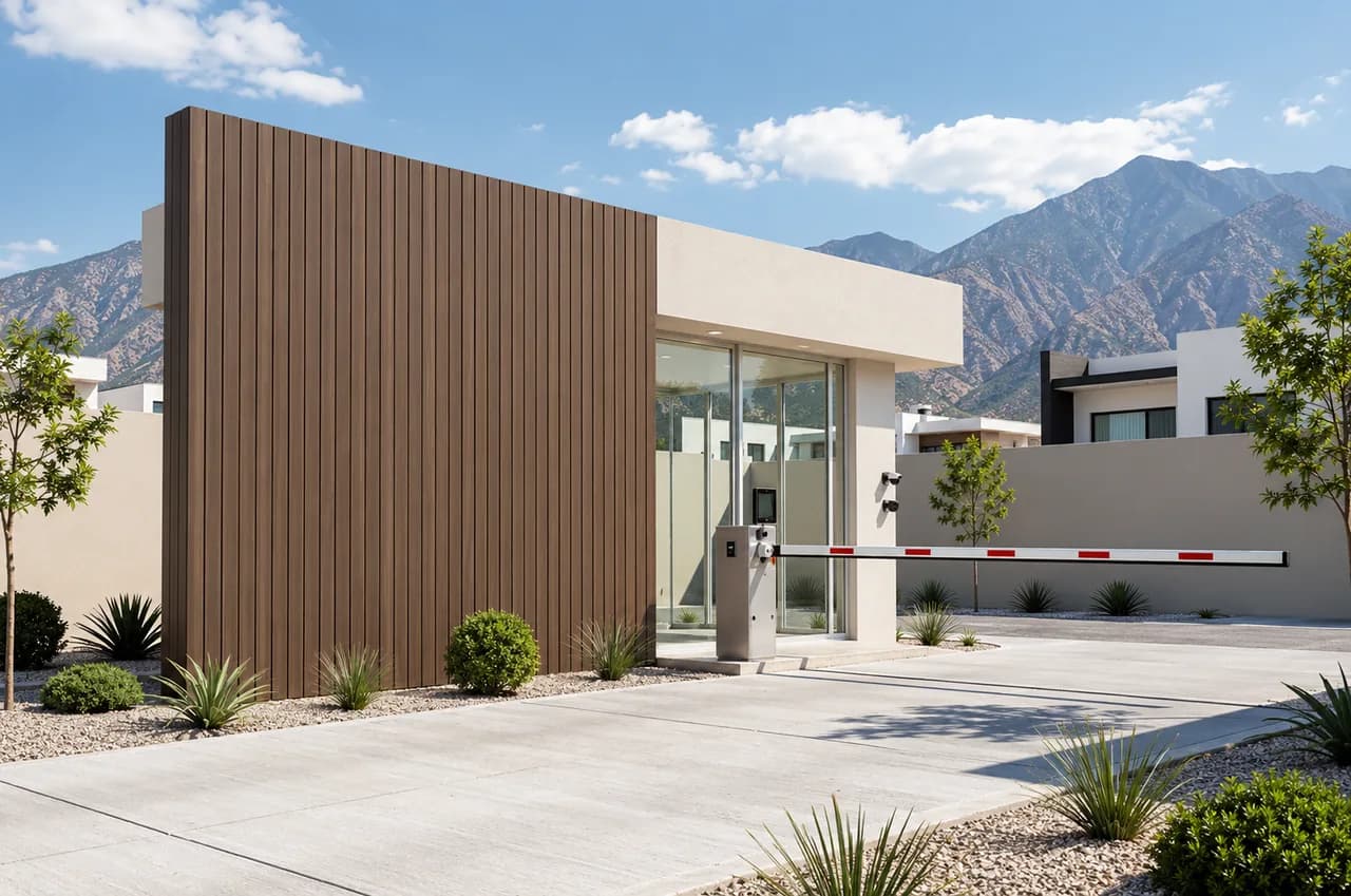 Caseta de acceso de una privada con un muro alto revestido de Wall Cladding WPC tono chocolate junto a la pluma de entrada, con las montañas al fondo